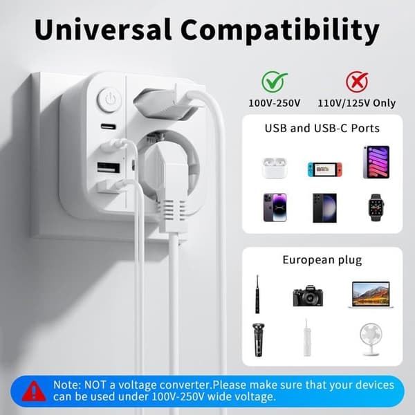 Kompakt 6-i-1 Sort Rejseadapter til USA, 2 USB-C og 2 USB-A, Hurtig Opladning til USA, Canada og Mexico