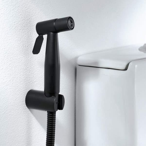 Bærbar håndbruser i rustfrit stål - T-ventil G1/2\" + 1,5 m slange + holder (sort)