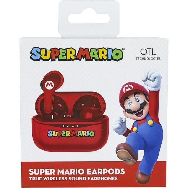 OTL Technologies trådlösa Bluetooth V5.0 hörlurar för barn Super Mario med röd laddningsbox.