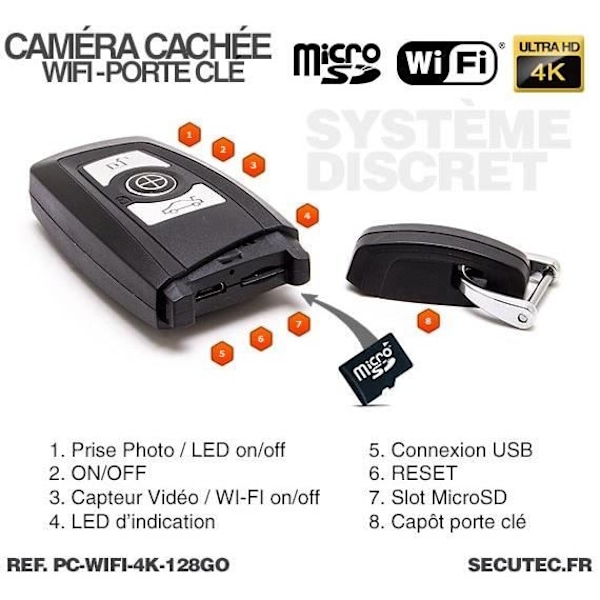 WIFI Ultra HD 4K piilokameran auton avain - AMC - 128 Gt:n MicroSD-kortilla