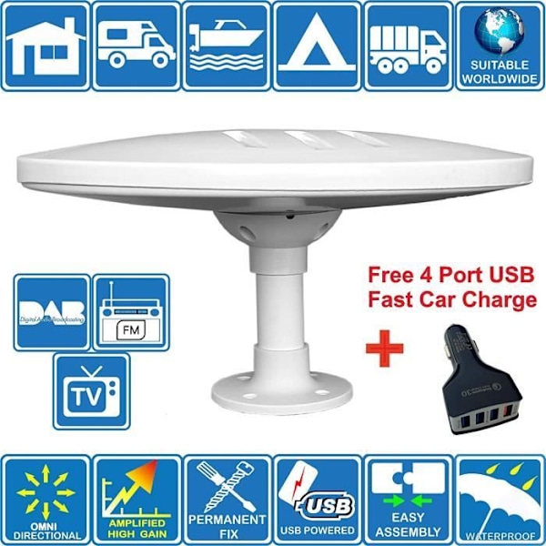 Helio – Magnetforstærket digital omnidirektionel HD TV-antenne High Gain 33dB TNT DVB-T2 FM Dab. 12V 24V 5V USB ideel 58
