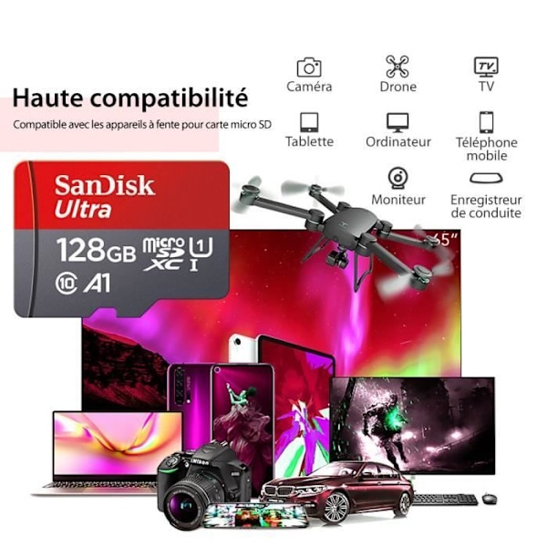 SanDisk 128 GB Micro TF SD-kort - Klasse 10 - Læsehastighed op til 120 MB/s