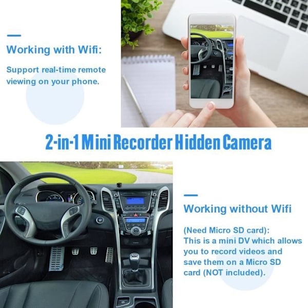 Mini intelligent trådlös infraröd övervakningskamera 170° vision 4K HD 1080P WIFI och DV, dag/natt + Micro SD 128GB