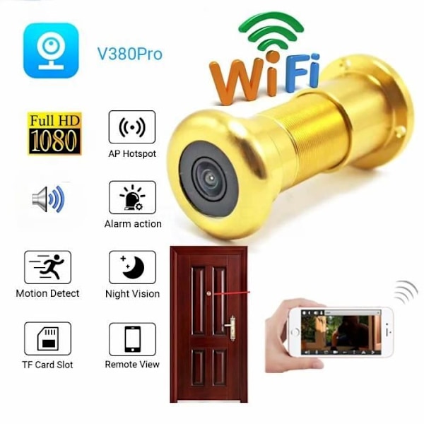 Mini trådlös WiFi IP-dörr titthålskamera, guldsilver, molnlagring, IR-ljud, P2P, V380 Pro, HD 1080P+128G TF-kort