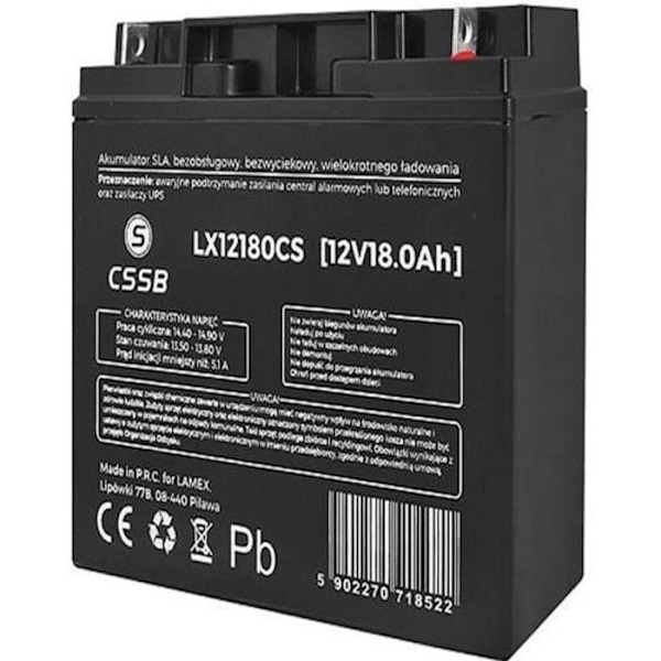 Huoltovapaa, vuotamaton 12V 18Ah ladattava geeliakku LX12180