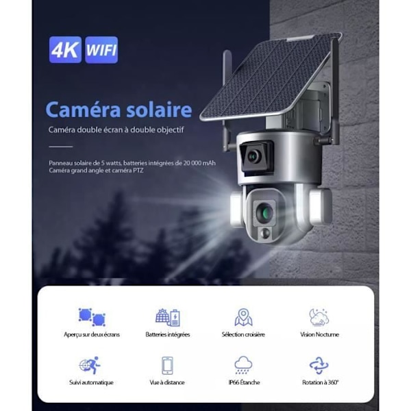 Overvågningskamera - HD4K - Solenergi 4K 8MP - WIFI - 360° - Dobbelt objektiv zoom 10X