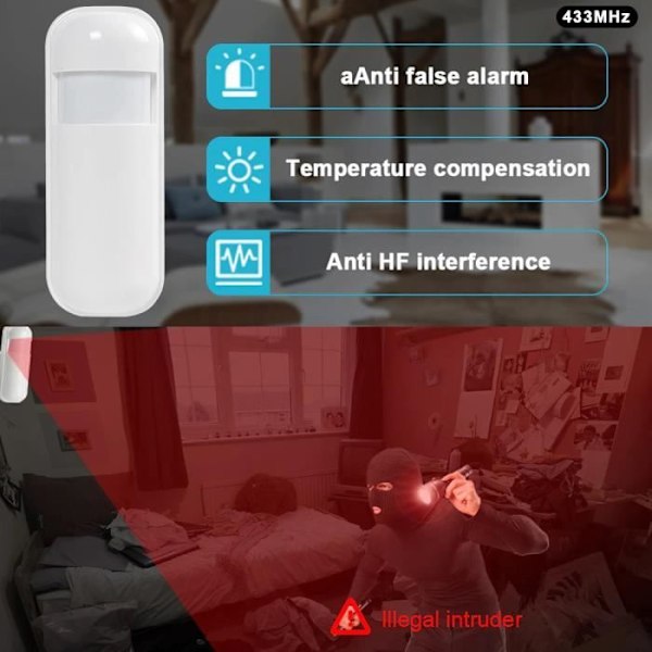 Trådlös PIR-rörelsedetektor, 433Mhz MF005 - för hemlarmsystem, smart rörelsesensor, stöldskydd