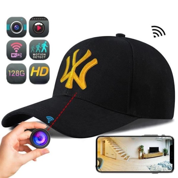 Mini trådløst baseballkamera, 1080P, fuld HD, WIFI, vidvinkel, sport, udendørs, optager + 128 GB hukommelseskort Svart