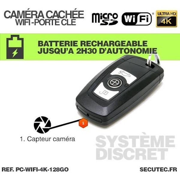 WIFI Ultra HD 4K piilokameran auton avain - AMC - 128 Gt:n MicroSD-kortilla