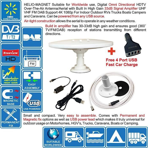 Helio – Magnetförstärkt digital rundstrålande HD TV-antenn High Gain 33dB TNT DVB-T2 FM Dab. 12V 24V 5V USB ideal 58