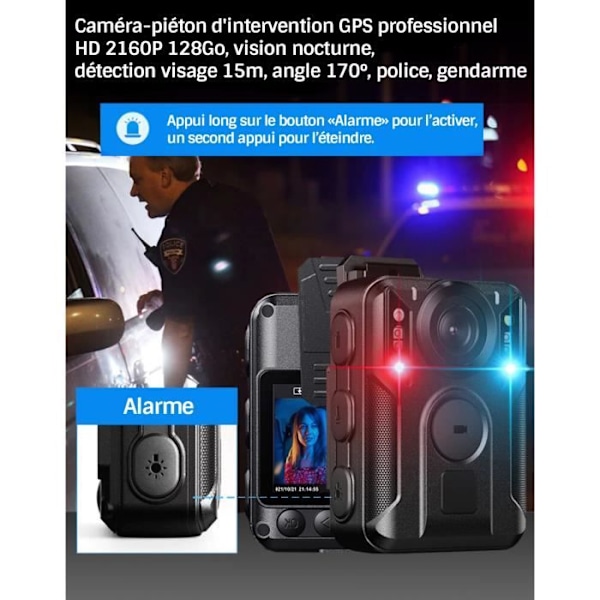 Professionell GPS-intervention fotgängarkamera HD 2160P 128GB, mörkerseende, ansiktsdetektion 15m, 170° vinkel, polis, gendarme