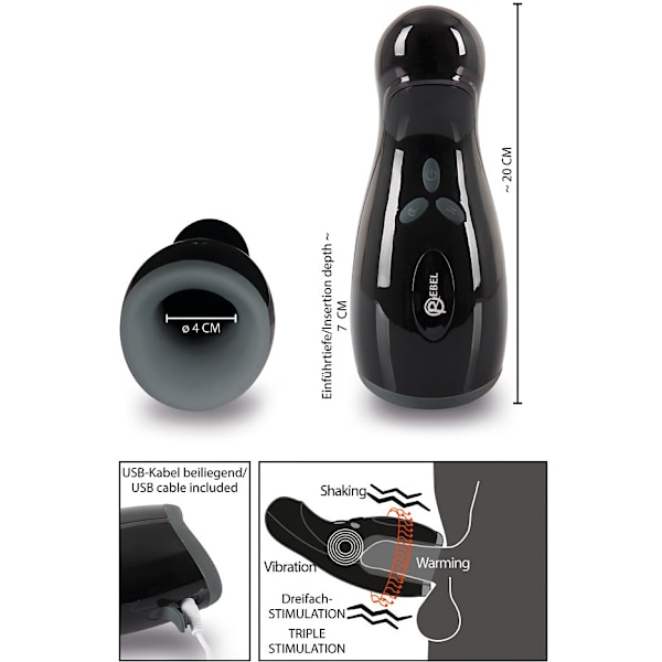 Rebel: Shaking, Warming & Vibrating Masturbator Svart