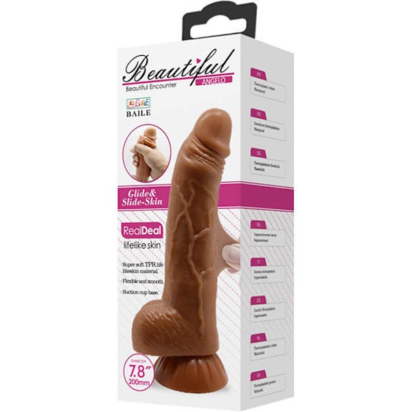 Beautiful Angelo: Glide & Slide-Skin Dildo, 18 cm Mörk hudfärg