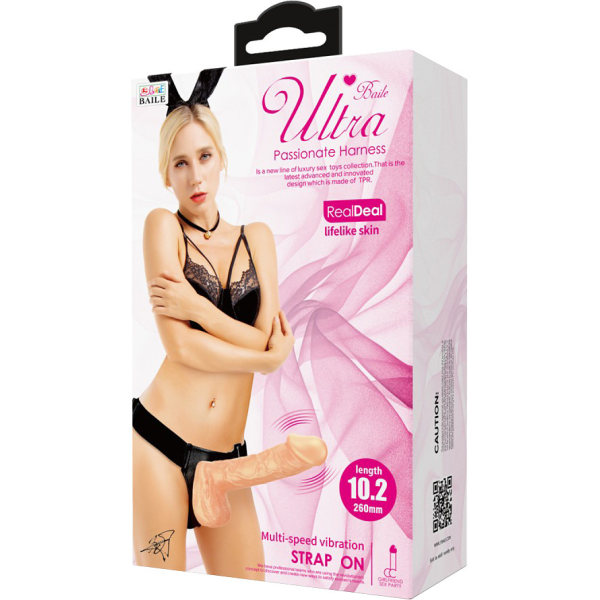 Debra: Ultra Harness with Multi-Speed Strap-On, 26 cm Ljus hudfärg, Svart