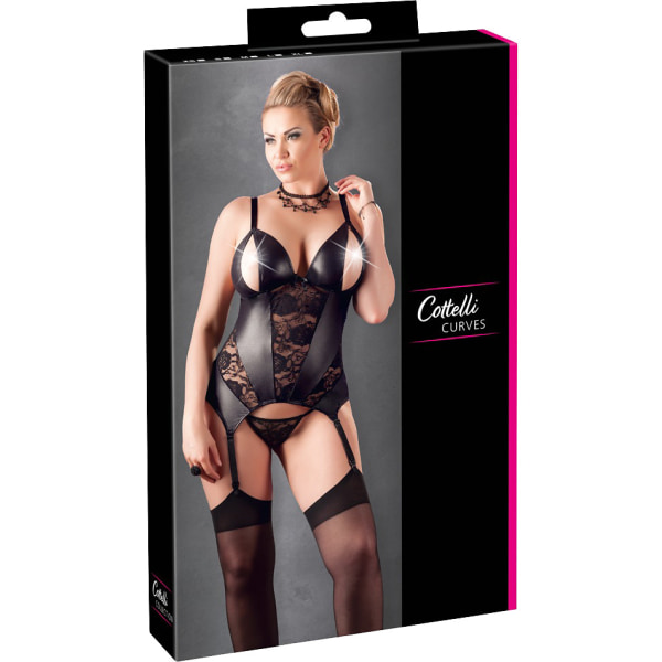Cottelli Curves: Cami Body med strumphållare + string Svart 4XL