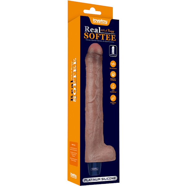 LoveToy: Real Softee, Silicone Vibrating Dildo, 26,5 cm Mörk hudfärg