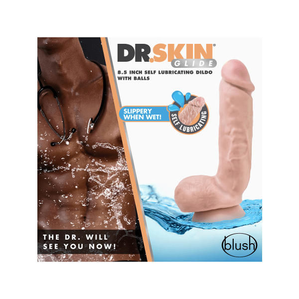 Dr.Skin Glide: Self Lubricating Dildo with Balls, 22 cm Ljus hudfärg
