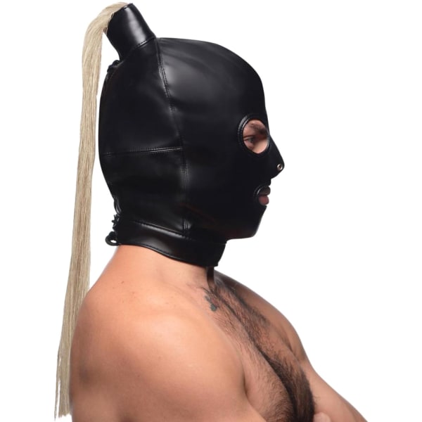 Strict: Blonde Ponytail Bondage Hood Svart