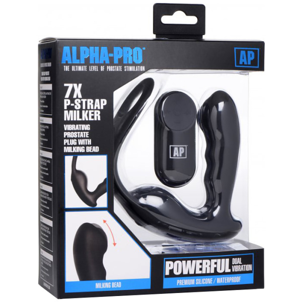 Alpha-Pro: 7X P-Strap Milker, Vibrating Prostate Plug with Rings Svart