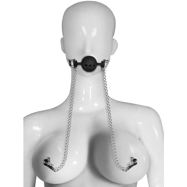 LoveToy: Breathable Ball Gag with Nipple Clamps Silver, Svart