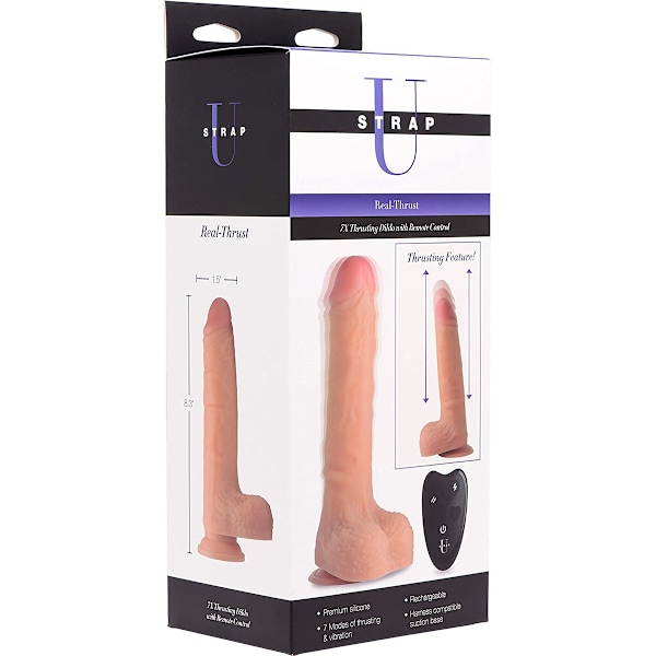 Strap U: Real-Thrust, 7x Thrusting Dildo with Remote, 22 cm Ljus hudfärg