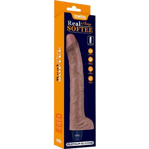 LoveToy: Real Softee, Silicone Vibrating Dildo, 27 cm Mörk hudfärg