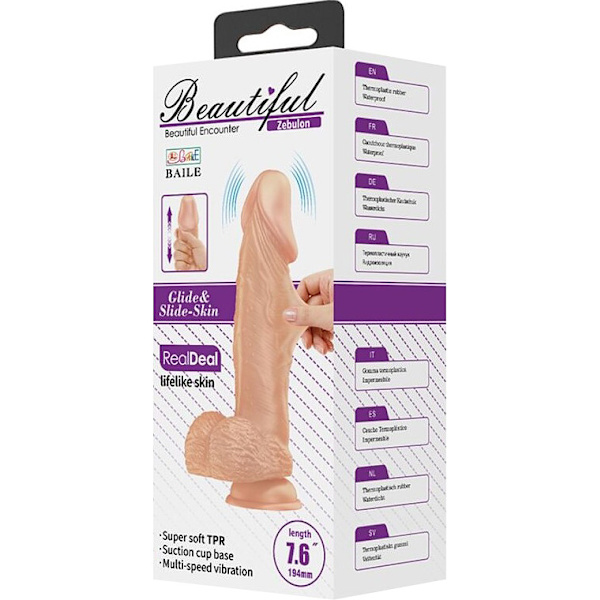 Beautiful Zebulon: Glide & Slide-Skin Vibrating Dildo, 19 cm Ljus hudfärg