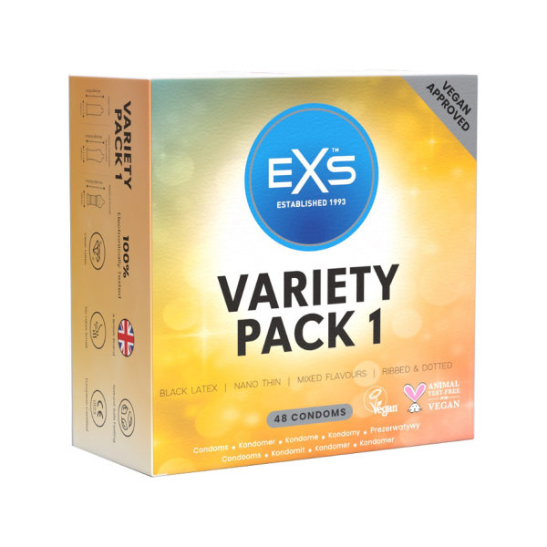 EXS Variety Pack 1: Kondomer, 48-pak Svart, Transparent