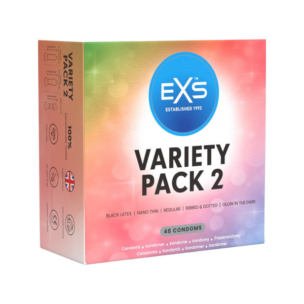 EXS Variety Pack 2: Kondomer, 48-pak Självlysande, Svart, Transparent