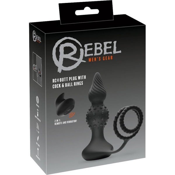 Rebel: RC Butt Plug with Cock & Ball Rings Svart