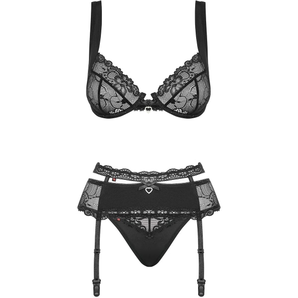 Obsessive: Heartina, Bøjle-BH, Strømpebånd, Thong, sort Svart L/XL