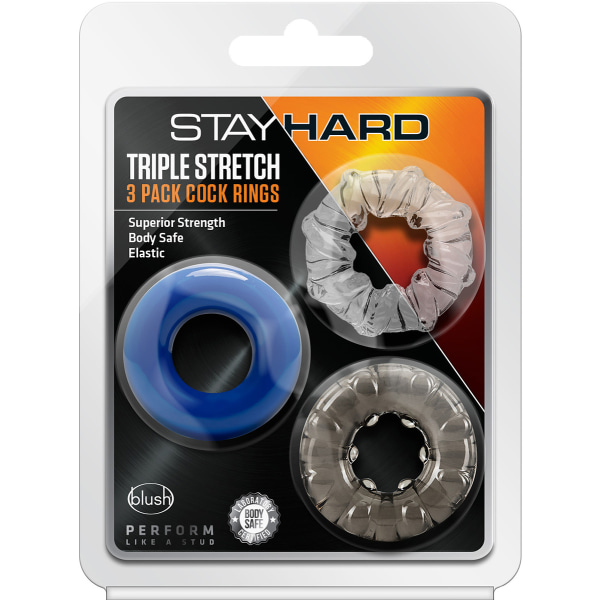 Stay Hard: Triple Stretch, 3-pak Penisringe Blå, Rökfärgad, Transparent