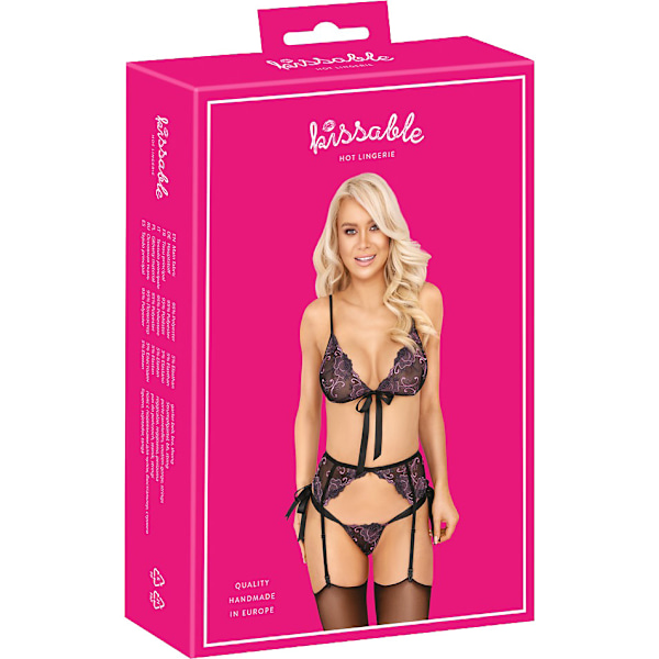 Kissable: 3-delat Set Underkläder med Rosor, svart Lila, Rosa, Svart S/M