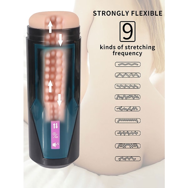 Hismith: KlicLok Thrusting & Vibrating Masturbator Blå, Ljus hudfärg, Svart