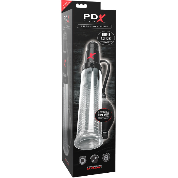 Pipedream PDX Elite: Sug-N-Pump Stroker Svart, Transparent