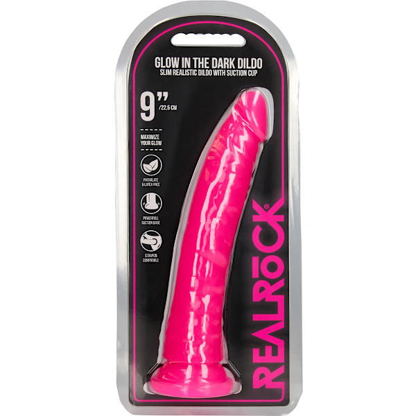 RealRock: Glow in the Dark Realistic Dildo, 22.5 cm Rosa, Självlysande