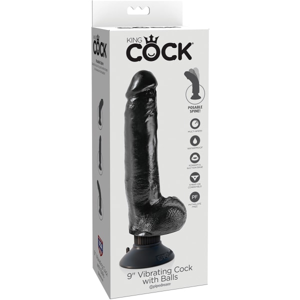 King Cock: Vibrating Cock with Balls, 23 cm Svart