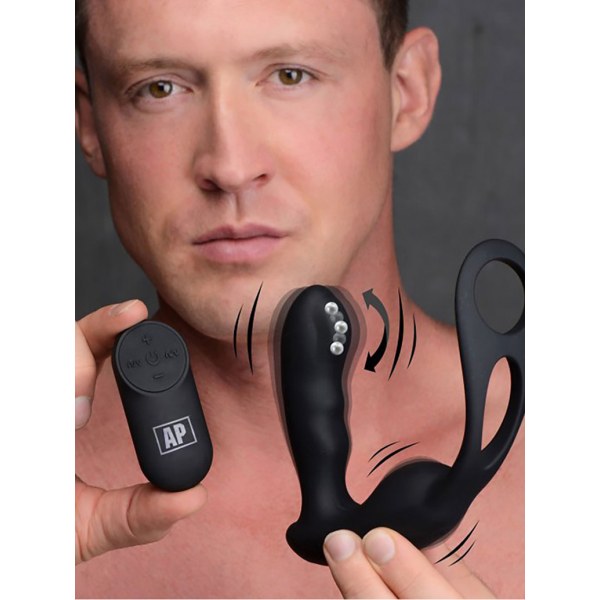 Alpha-Pro: 7X P-Strap Milker, Vibrating Prostate Plug with Rings Svart