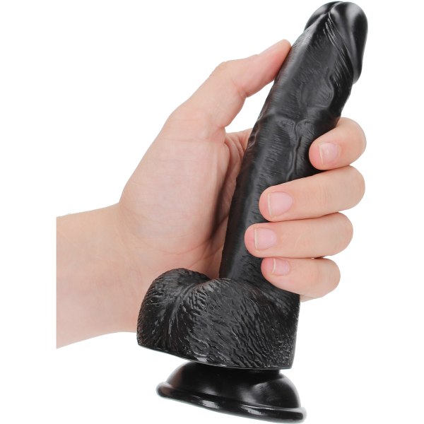 RealRock: Curved Realistic Dildo with Balls, 18 cm Svart