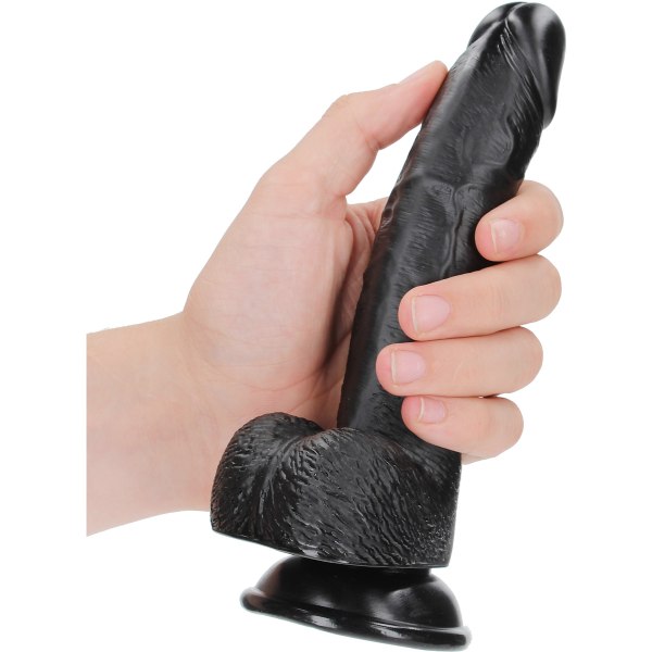 RealRock: Kaareva realistinen dildo kiveksillä, 18 cm Svart