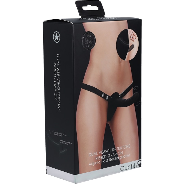 Ouch!: Dual Vibrating Silicone Ribbed Strap-On Svart