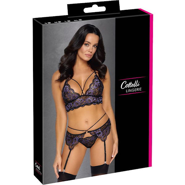 Cottelli Lingerie: Bralette, Höfthållare & String Set Lila, Svart M