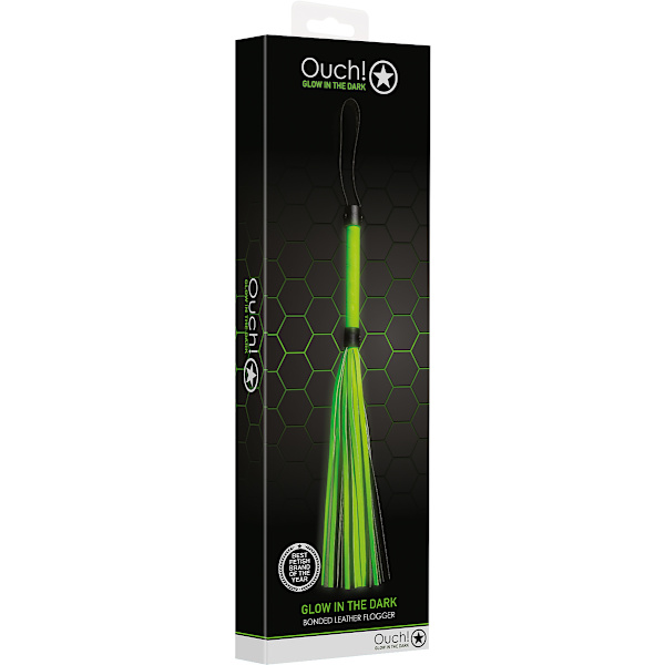 Ouch! Glow in the Dark: Bonded Leather Flogger Grön, Självlysande, Svart