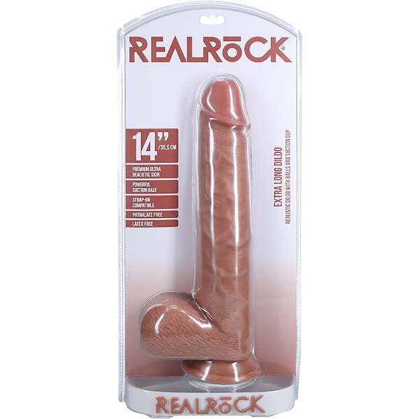 RealRock: Extra Long Realistic Dildo, 35.5 cm Mörk hudfärg