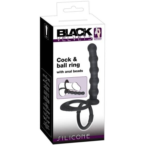 Black Velvets: Cock & Ball Ring with Anal Beads Svart