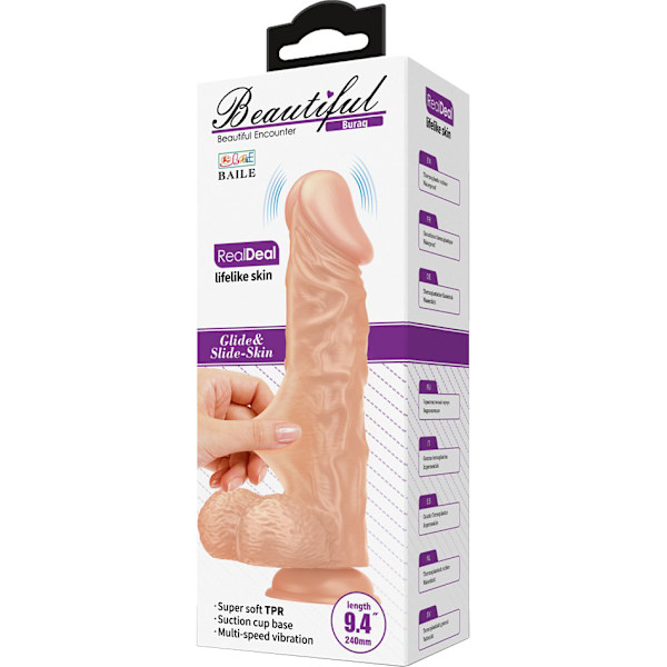 Beautiful Buraq: Glide & Slide-Skin Vibrating Dildo, 24 cm Ljus hudfärg