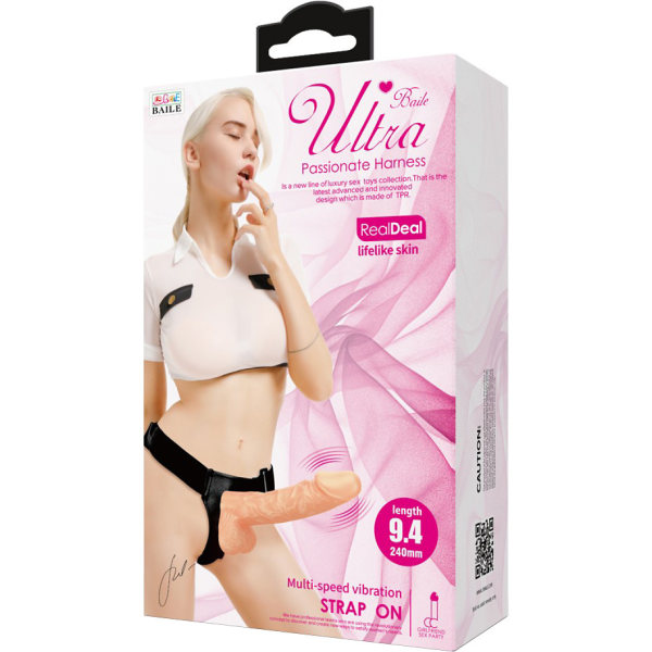 Debra: Ultra Harness with Multi-Speed Strap-On, 24 cm Ljus hudfärg, Svart