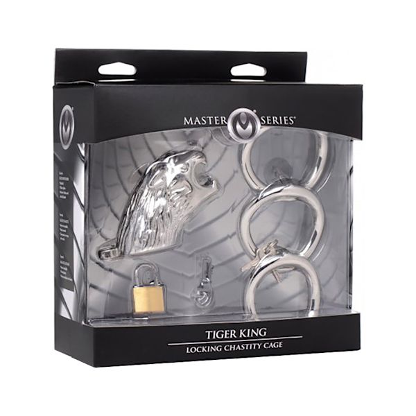 XR Master Series: Tiger King, Locking Chastity Cage Silver