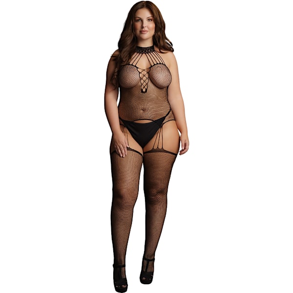 Le Désir: Suspender Fishnet Choker Bodystocking, One Size Plus Svart one size