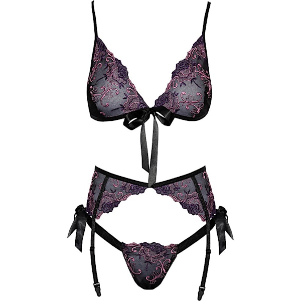 Kissable: 3-delat Set Underkläder med Rosor, svart Lila, Rosa, Svart S/M